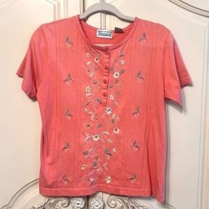 Vintage Shenanigans Floral Peach Short Sleeve Embroidered Cotton Blouse, Small